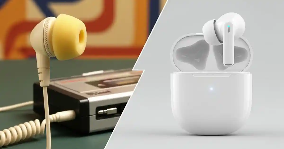 A split-screen image showing the evolution of earbuds. On the left, a vintage wired earbud with a yellow foam cover is plugged into a portable cassette player. On the right, a sleek, modern wireless earbud is shown inside its open charging case.