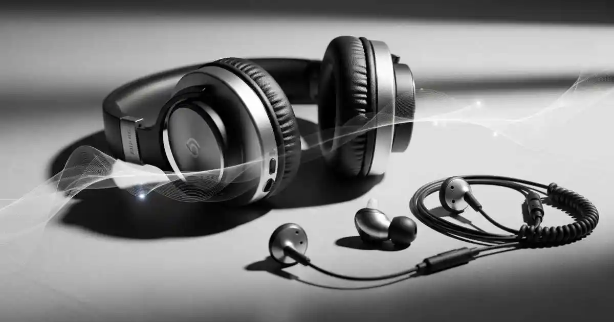 A monochrome image of a retail display shelf with various black and white over-ear headphones arranged on stands.