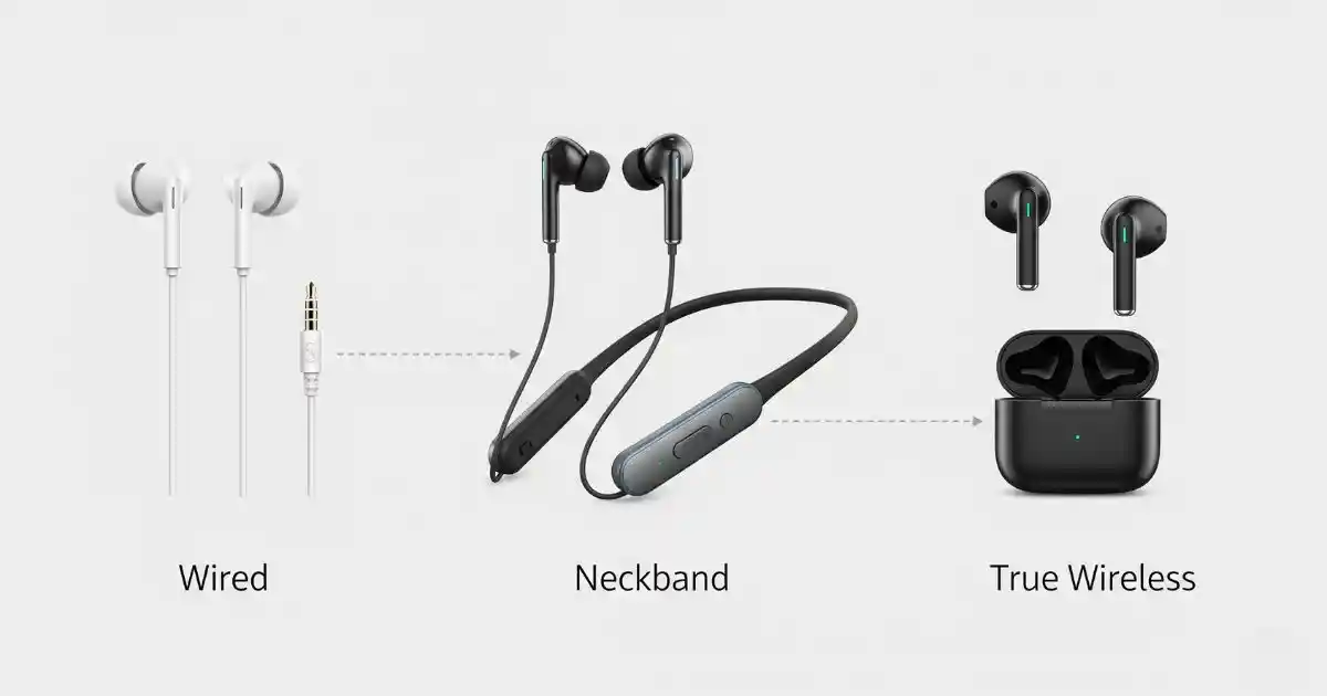 An illustration showing three different types of earbuds: wired, neckband, and true wireless. The image clearly labels each type and shows the physical differences, such as the connecting wire for wired earbuds, the neckband for that style, and the separate earpieces and charging case for true wireless earbuds.