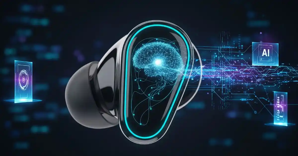 A futuristic illustration of a sleek, black earbud with glowing cyan lines. The image shows a subtle, abstract representation of a brain or neural network within the earbud, with data streams and holographic elements connecting to it, symbolizing AI and machine learning.