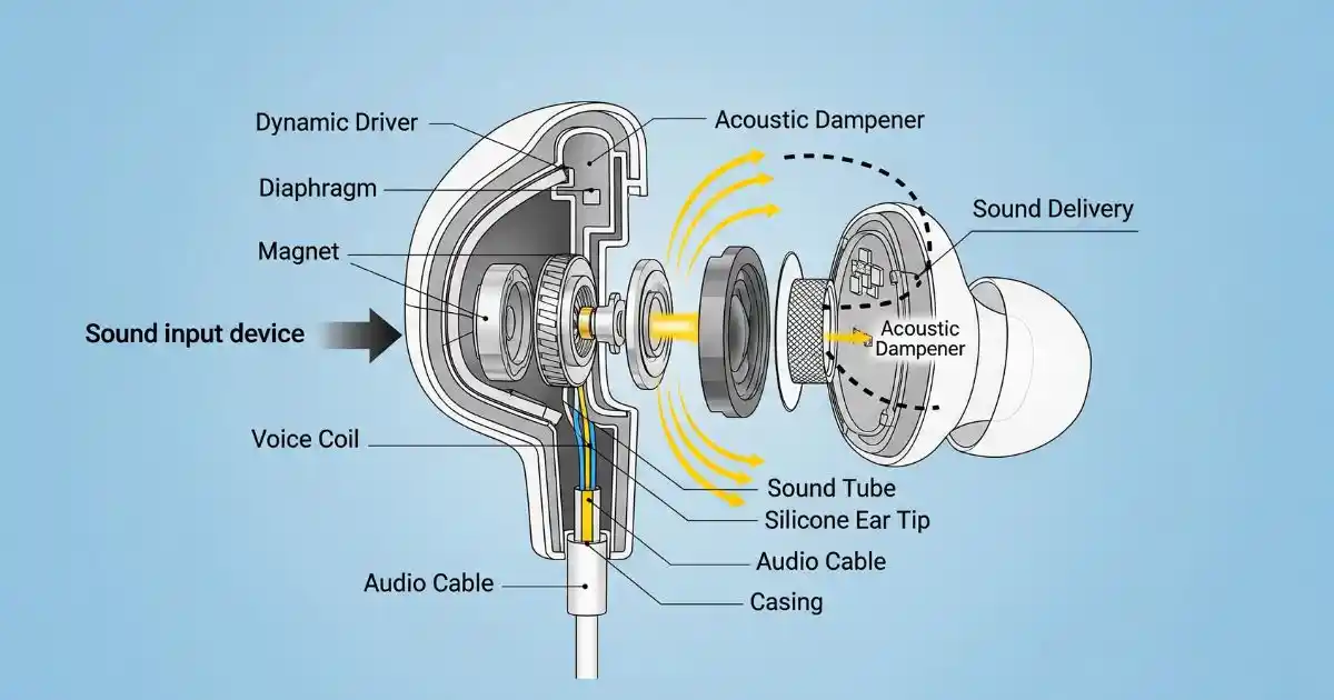 A detailed, technical cross-section diagram of an earbud. The illustration shows a sound input device, an audio cable, a dynamic driver, and a silicone ear tip, with arrows indicating the path of sound from the driver to the ear.