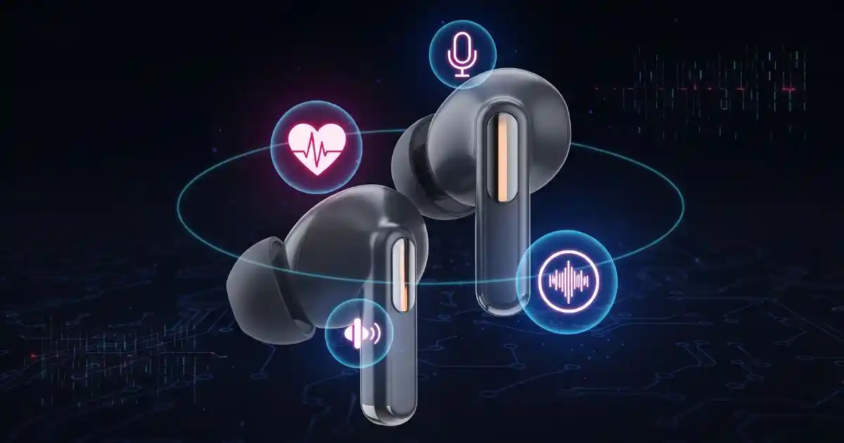 An abstract illustration of two sleek, dark grey earbuds. Around the earbuds, glowing, holographic icons float, representing key features: a heart with a heartbeat line for health monitoring, a microphone for a voice assistant, and a sound wave for noise cancellation. The background is a dark, technological circuit board pattern.