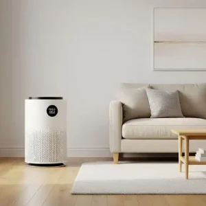 A modern white air purifier stands in a bright, clean living room.