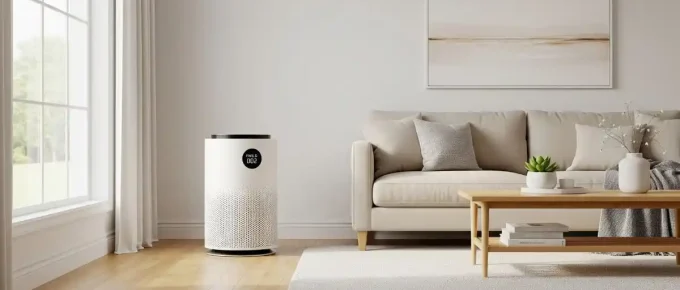 A modern white air purifier stands in a bright, clean living room.
