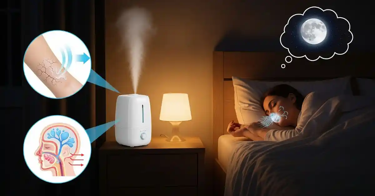A humidifier on a nightstand in a dark bedroom, with a woman sleeping peacefully in the background. Visual callouts point to her arm, showing dry skin becoming moisturized, and her head, showing clear nasal and sinus passages. A thought bubble with a moon and stars suggests a good night's sleep.