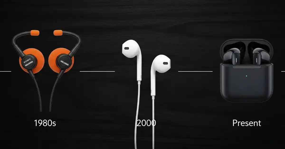 A horizontal timeline showing the evolution of earbuds. On the far left are the original foam earbuds from the 1980s. In the center are the iconic white wired earbuds from the 2000s. On the right are a modern pair of wireless earbuds in their charging case.