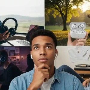 A collage of four images showing different people using headphones: one person on a train with over-ear headphones and a laptop, another jogging outdoors with wireless earbuds, a person gaming with an over-ear headset, and someone relaxing on a couch with in-ear headphones. The center image shows a man looking up in thought.