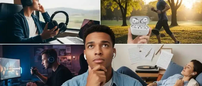 A collage of four images showing different people using headphones: one person on a train with over-ear headphones and a laptop, another jogging outdoors with wireless earbuds, a person gaming with an over-ear headset, and someone relaxing on a couch with in-ear headphones. The center image shows a man looking up in thought.