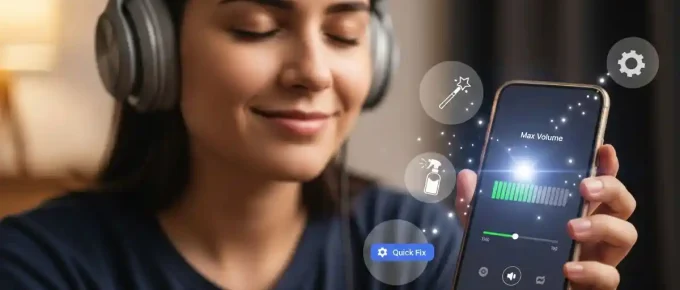 A person with a satisfied expression wears headphones and holds a smartphone with a full volume bar on the screen, with digital icons of solutions like a settings gear and a cleaning bottle floating around the phone. How to Make Headphones Louder