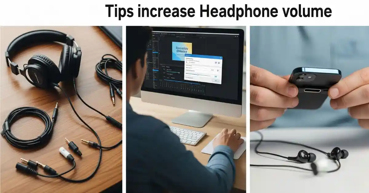 A three-panel image showing tips to increase headphone volume. The first panel shows a pair of wired headphones and audio cables, the second shows a person checking the quality of an audio file on a computer, and the third shows a person removing a phone case to access the headphone jack. "How to Make Headphones Louder"