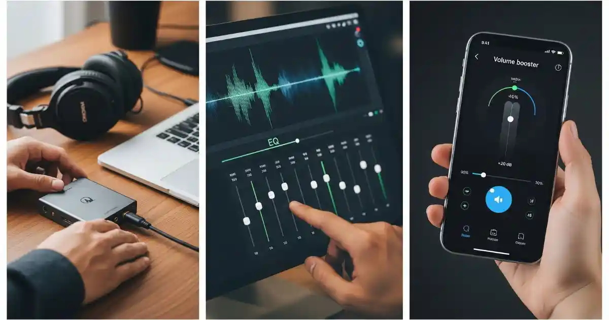 A three-panel image shows advanced solutions for low headphone volume. The first panel shows a person connecting a headphone amplifier, the second shows a person adjusting an equalizer on a screen, and the third shows a person using a volume booster app on a phone.