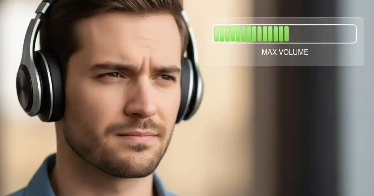 A man with a frustrated expression wears headphones, with a digital overlay showing the volume at a maximum level, highlighting his dissatisfaction with the audio.