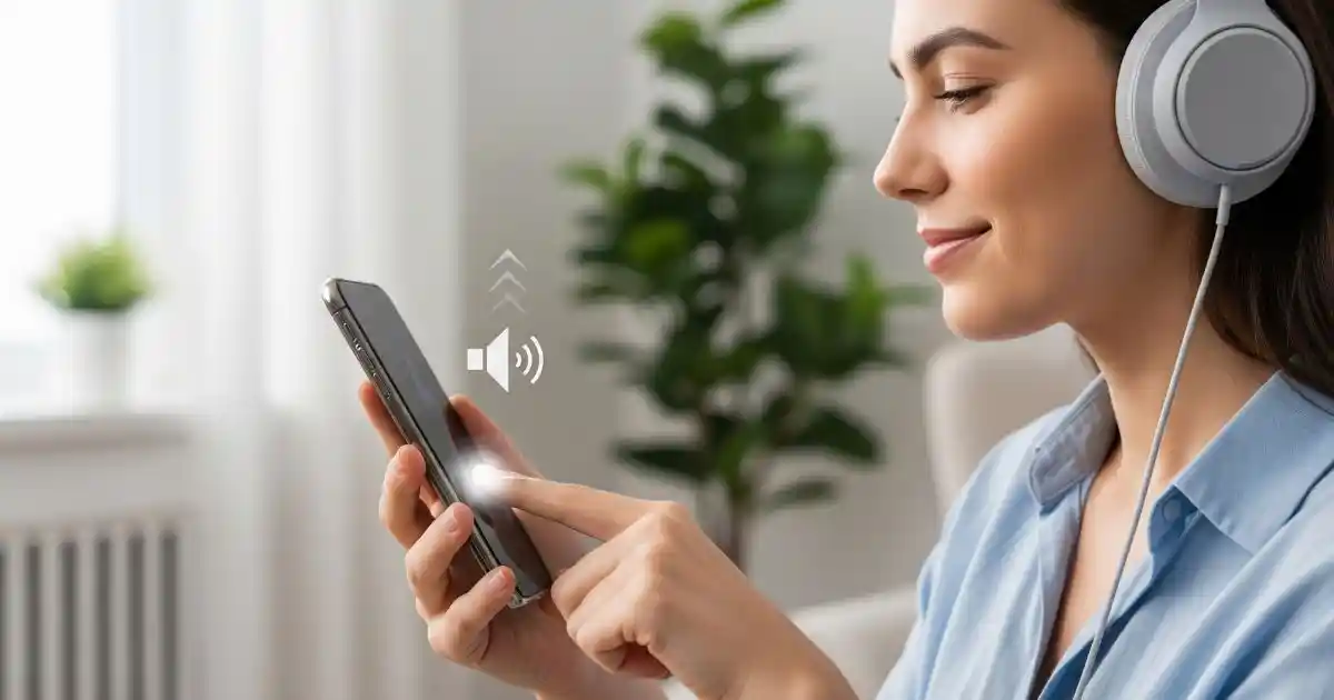 A person wearing headphones smiles with relief while adjusting the volume on a smartphone, with an on-screen icon and arrows suggesting a successful increase in audio level.