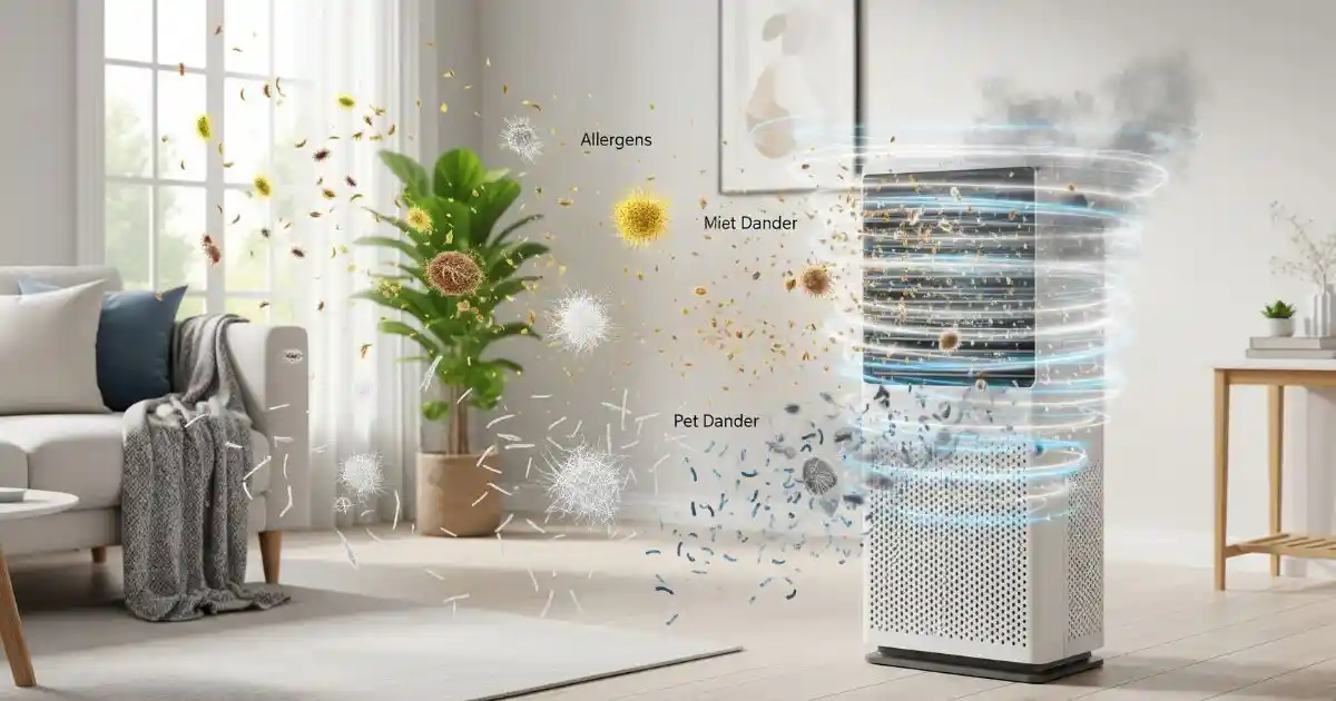 A modern air purifier in a living room, with a swirling vortex of visual effects showing it removing allergens, pet dander, and smoke particles from the air.