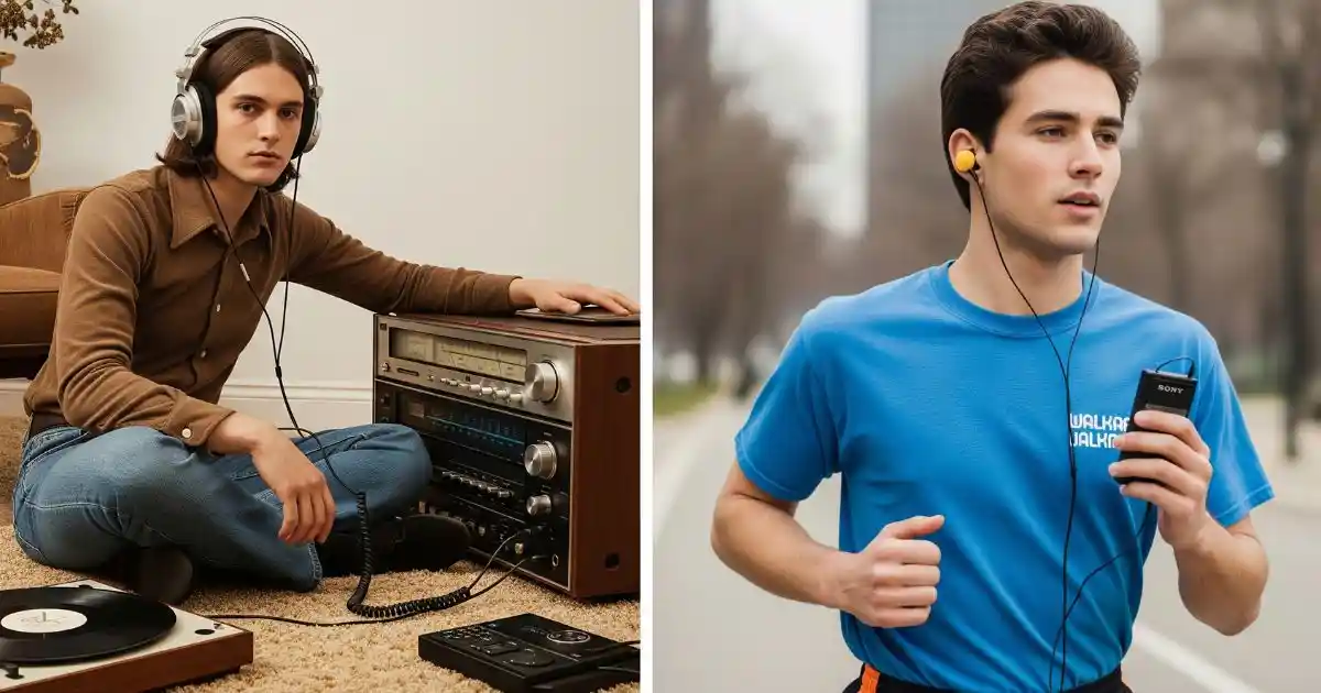 A person in 1980s attire is shown using an original Sony Walkman with the first earbuds, highlighting the portability of the new technology.
