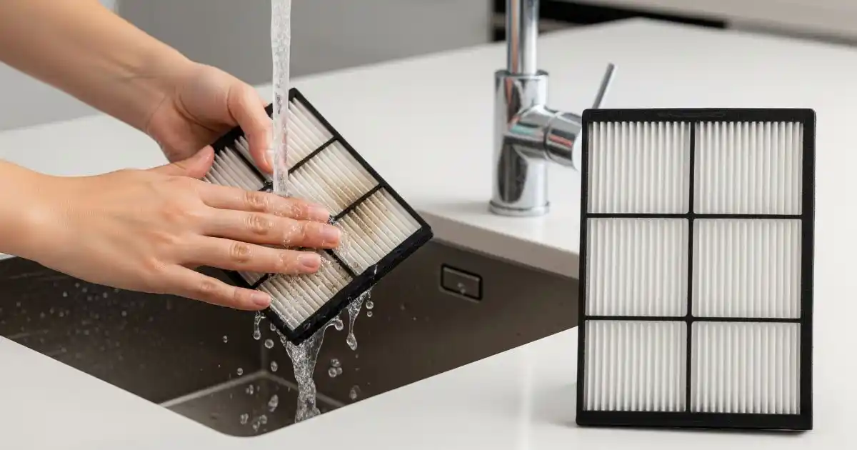 A person washing a reusable air purifier filter in a kitchen sink with a clean, dry filter ready on the counter.