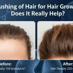 A split image comparing hair before and after brushing, with text indicating increased hair density and the question "Brushing of Hair for Hair Growth: Does It Really Help?" at the top.