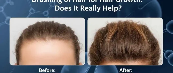 A split image comparing hair before and after brushing, with text indicating increased hair density and the question "Brushing of Hair for Hair Growth: Does It Really Help?" at the top.