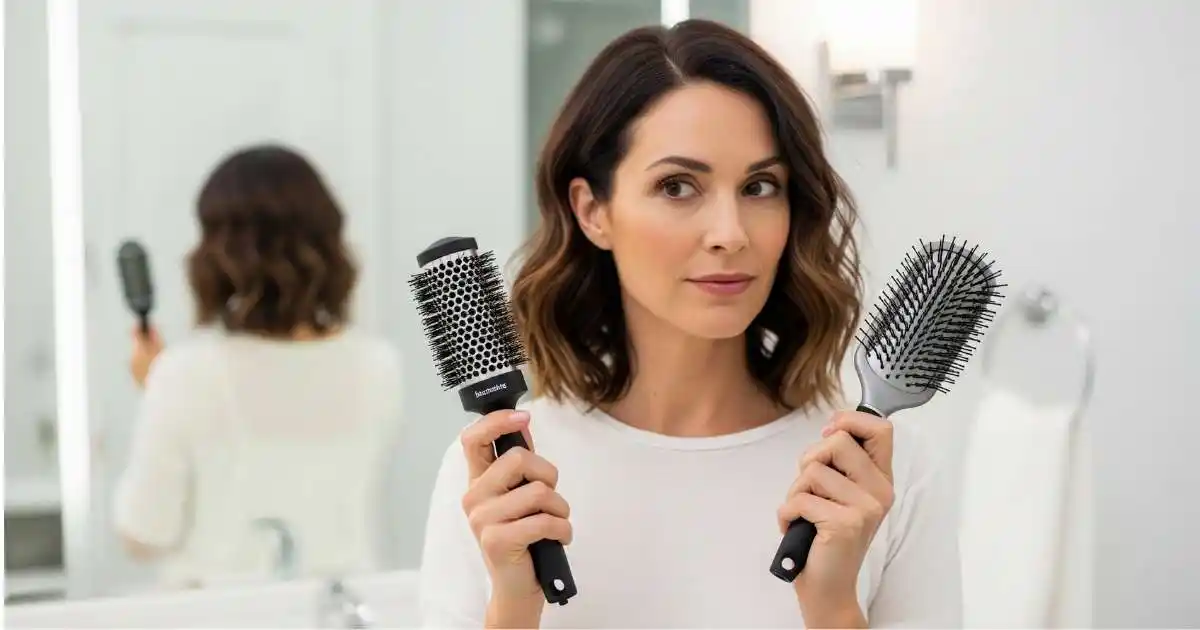 A woman thoughtfully holding up and comparing two different types of hair brushes—a round brush and a paddle brush—in a bathroom setting.