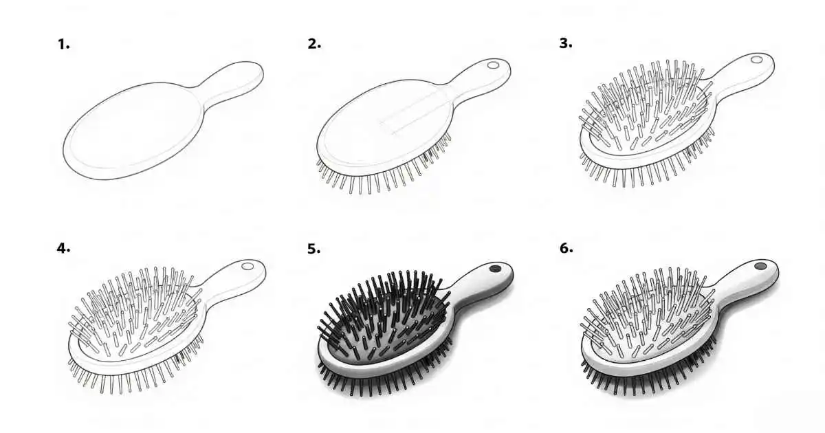 A six-step, numbered drawing tutorial showing the process of drawing a hairbrush. The first step shows a simple oval and handle, and each subsequent step adds more detail, including bristles, shading, and final outlines to complete the drawing.