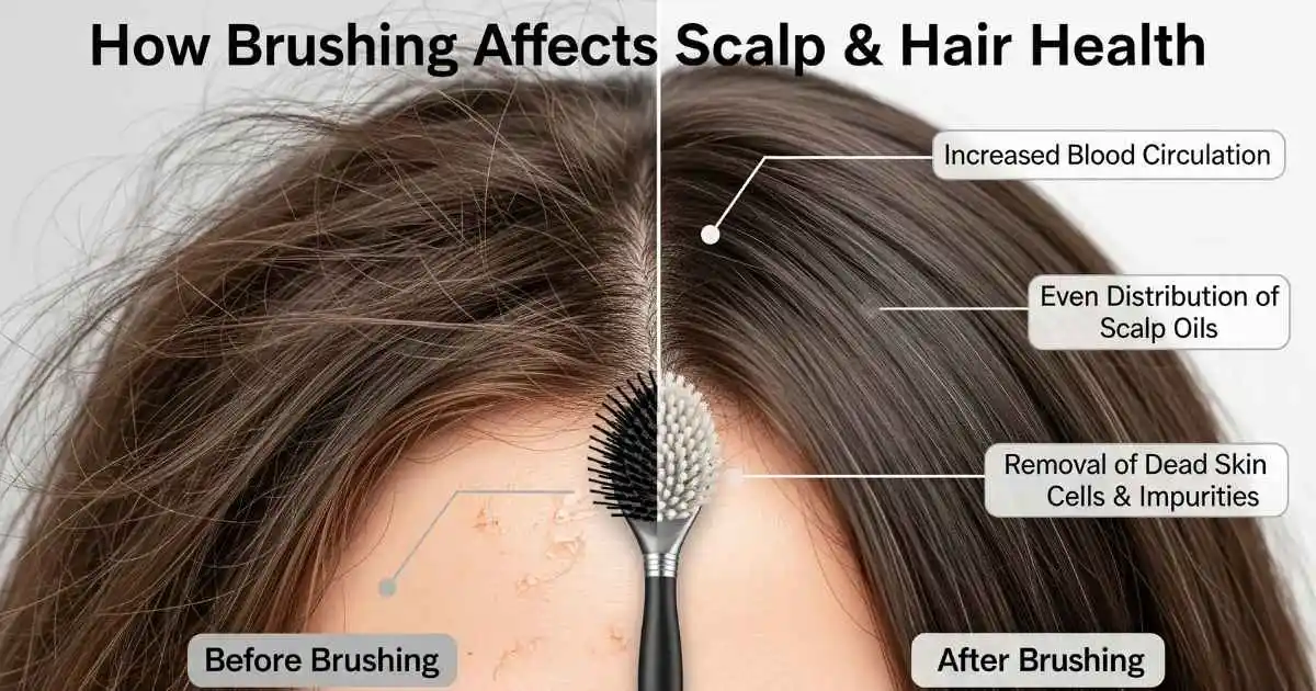 A side-by-side image comparison illustrating the effects of brushing on scalp and hair health. The left side, labeled "Before Brushing," shows a close-up of tangled hair and a flaky scalp, while the right side, labeled "After Brushing," shows smooth, healthy, and shiny hair with a clean scalp. Text overlays point out key benefits such as increased blood circulation and the removal of impurities.