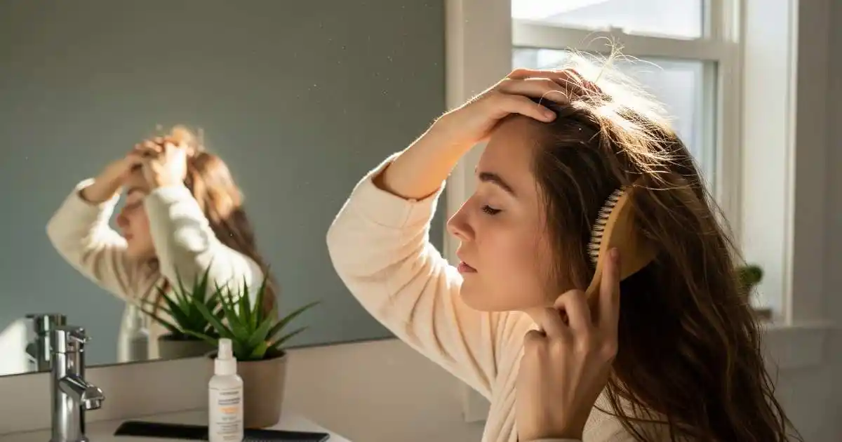 A woman with long, brown hair in a bright bathroom gently brushes her scalp and hair with a natural bristle brush, with a bottle of hair growth serum and a plant visible on the countertop.