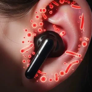 A close-up photograph of a person's ear with a black earbud in the ear canal, with a stylized overlay of glowing red bacteria surrounding the earbud and inner ear, suggesting an infection.