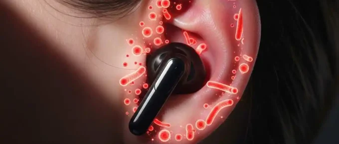 A close-up photograph of a person's ear with a black earbud in the ear canal, with a stylized overlay of glowing red bacteria surrounding the earbud and inner ear, suggesting an infection.