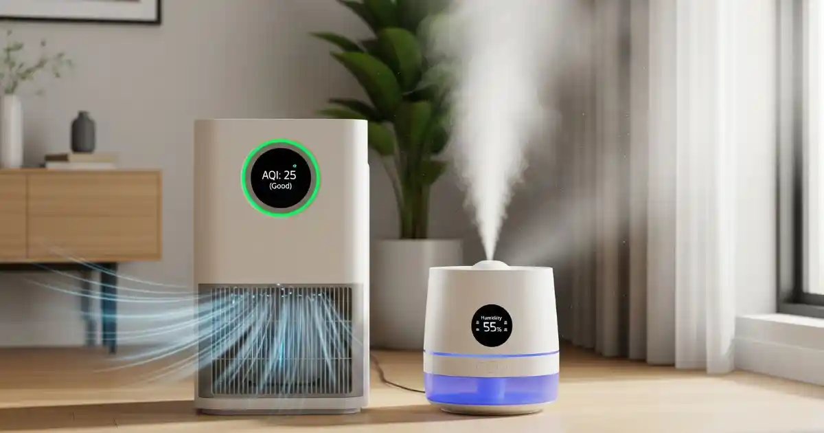 An air purifier and a humidifier are shown side-by-side in a modern room, illustrating their different functions. The air purifier has a display showing good air quality, while the humidifier is actively releasing a visible mist.