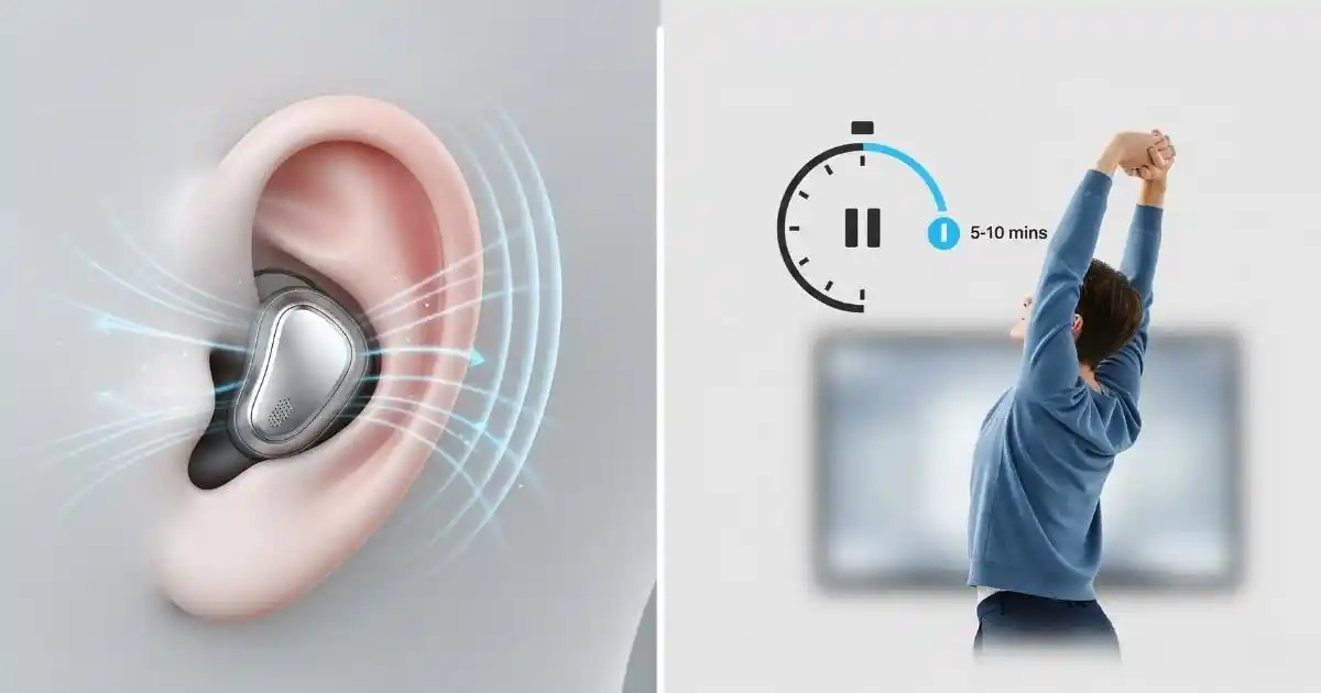 A two-part image. The left side shows an illustration of a human ear with a ventilated earbud and stylized lines indicating air circulation. The right side shows a person stretching with a timer icon, symbolizing the importance of taking breaks from continuous listening.