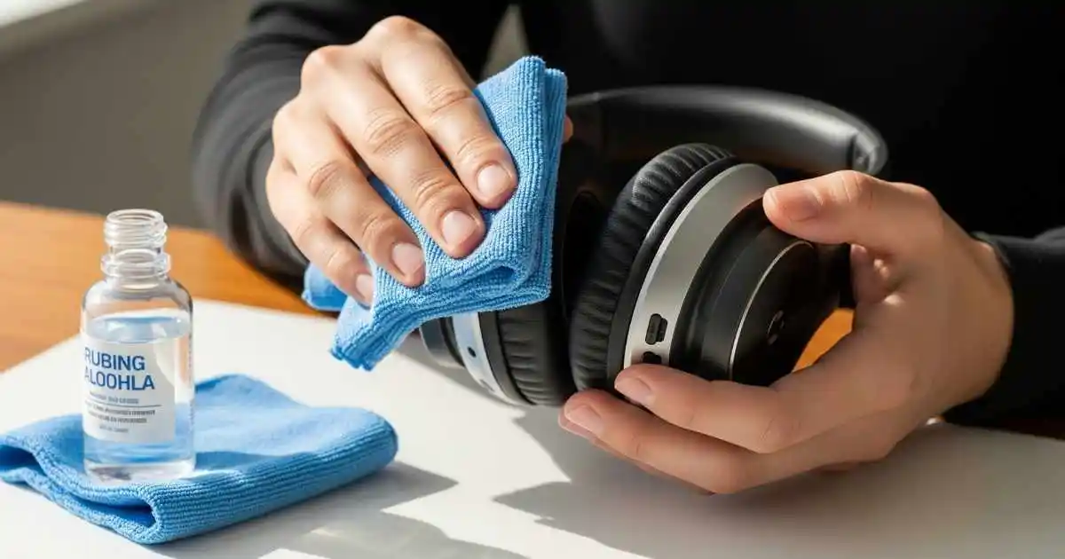 A close-up shot of a person's hands cleaning a pair of over-ear headphones with a blue microfiber cloth and a bottle of rubbing alcohol on a wooden desk.