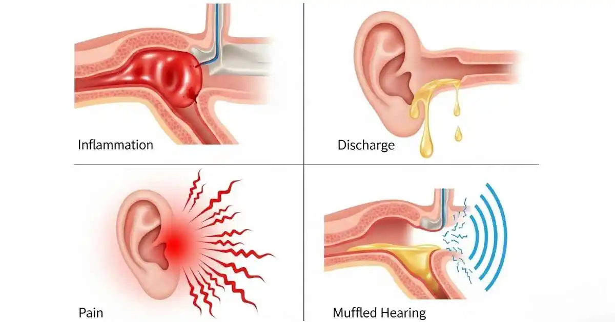 A four-panel medical illustration showing common symptoms of an ear infection: inflammation, fluid discharge, pain represented by radiating red lines, and muffled hearing with sound waves being blocked by fluid.