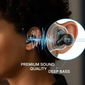 A woman wearing a JLab earbud with visual callouts highlighting features like premium sound quality, deep bass, comfortable fit, and great value, along with shopping cart and price tag icons. are jlab earbuds good