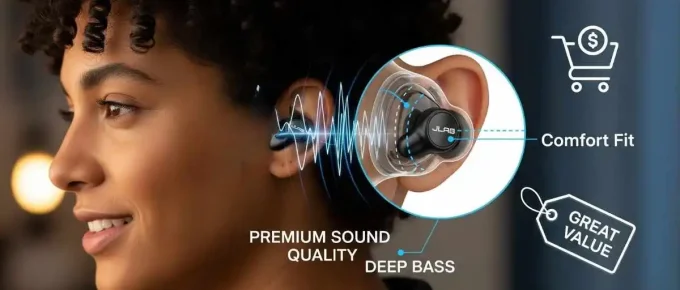 A woman wearing a JLab earbud with visual callouts highlighting features like premium sound quality, deep bass, comfortable fit, and great value, along with shopping cart and price tag icons. are jlab earbuds good