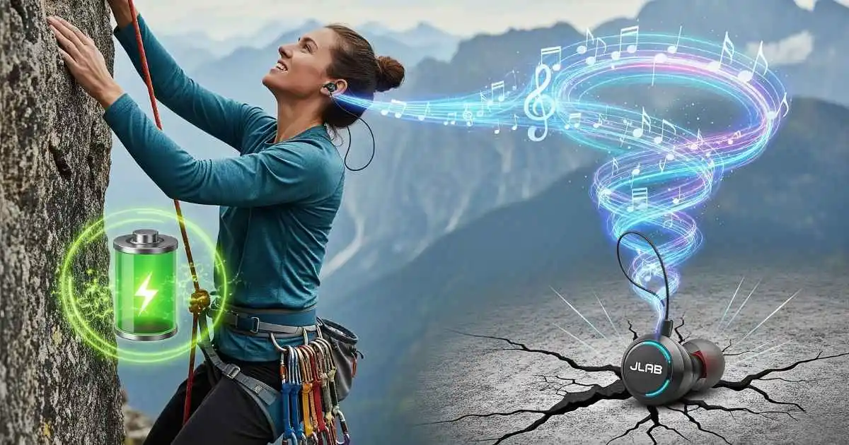 A split image showing a woman rock climbing, representing durability and active use, alongside a conceptual graphic illustrating sound quality and powerful battery life from JLab earbuds.