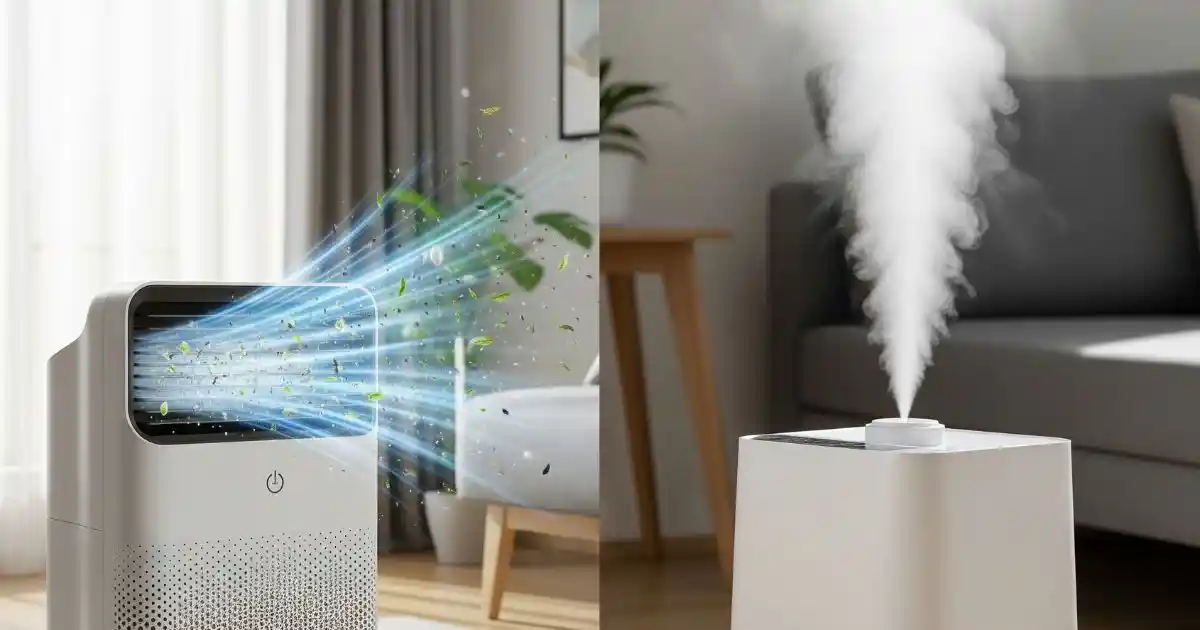 A split image showing the function of both devices. On the left, an air purifier pulls in particles and allergens from the air. On the right, a humidifier releases a visible mist of moisture.