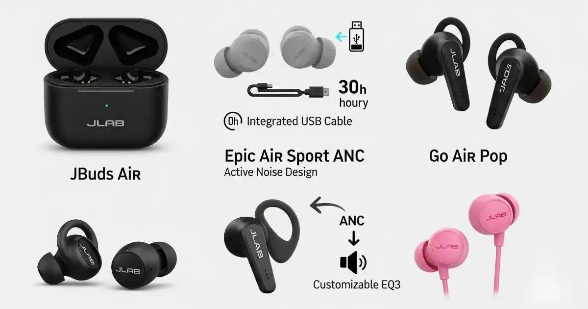 A flat lay of various JLab earbuds, including the JBuds Air and Epic Air Sport ANC, with visual callouts for features like integrated USB cable, active noise cancellation, and water resistance.