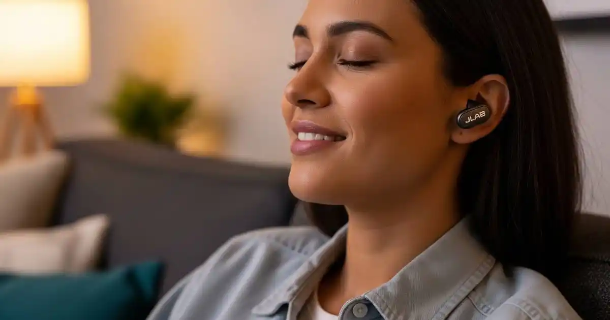 A person with a relaxed expression is sitting on a sofa, wearing JLab earbuds in a comfortable and cozy setting.