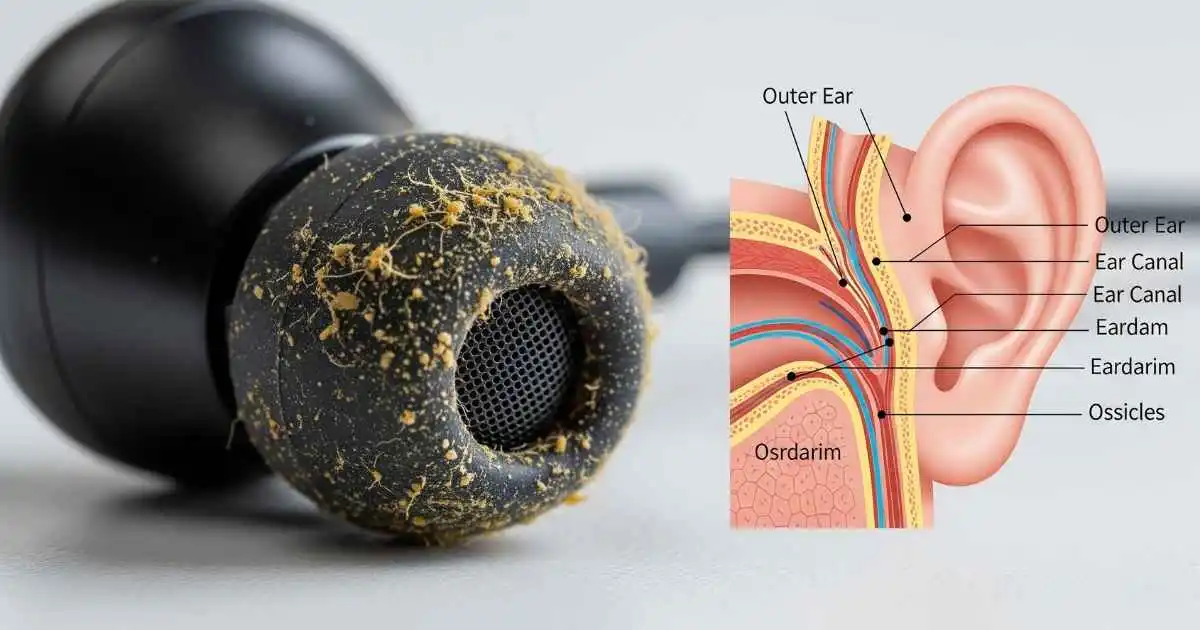 A close-up of a dirty earbud with a diagram of the ear canal, illustrating how earbuds collect grime.
