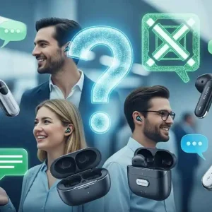 A group of diverse people wearing various translation earbuds, surrounded by icons representing questions, benefits (checkmark), and challenges (cross), illustrating a discussion about how translation earbuds work.