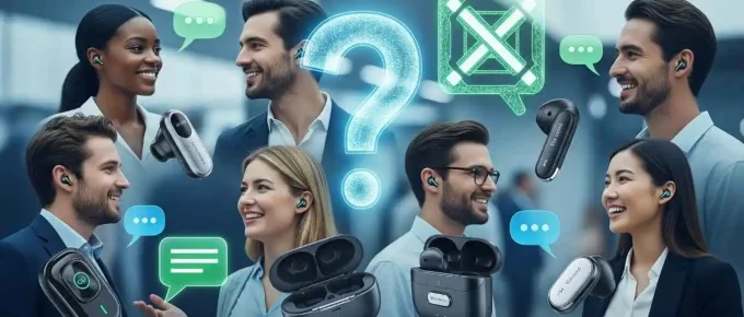 A group of diverse people wearing various translation earbuds, surrounded by icons representing questions, benefits (checkmark), and challenges (cross), illustrating a discussion about how translation earbuds work.