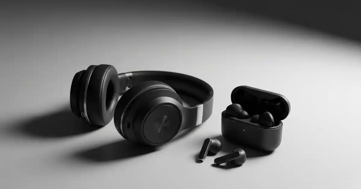 A black and white product shot featuring a pair of over-ear headphones with a metallic accent next to an open charging case with two wireless in-ear headphones and a coiled audio cable on a surface.