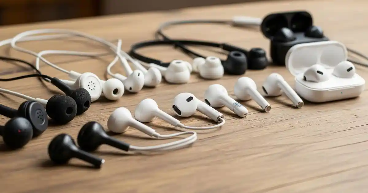 A collection of wired and wireless earbuds from different eras, including vintage foam-covered designs and modern true wireless models, are arranged on a wooden surface.