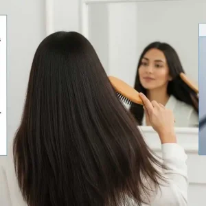 A woman brushing her hair in front of a mirror, with graphics illustrating the myth of hair growth stimulation (a declining bar graph) and the benefit of a healthy hair cuticle (a magnified hair strand). does brushing hair stimulate growth