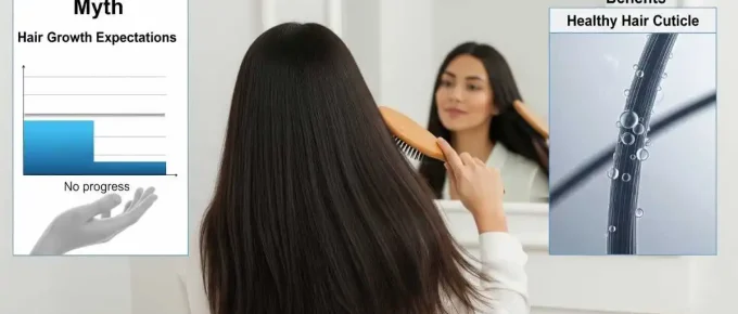 A woman brushing her hair in front of a mirror, with graphics illustrating the myth of hair growth stimulation (a declining bar graph) and the benefit of a healthy hair cuticle (a magnified hair strand). does brushing hair stimulate growth