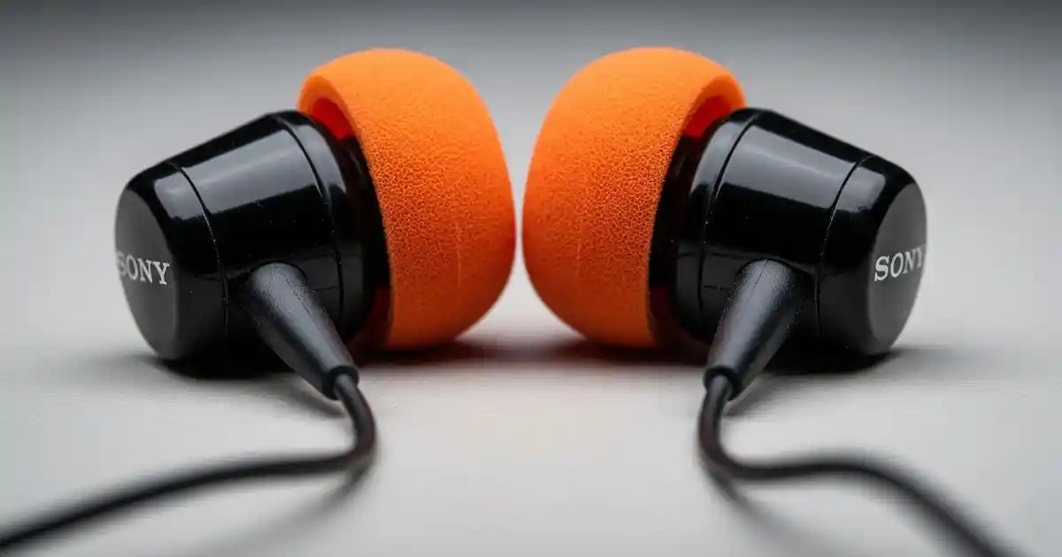 A close-up of a pair of vintage Sony MDR-E252 earbuds, featuring their iconic orange foam earpads and thin black wires.