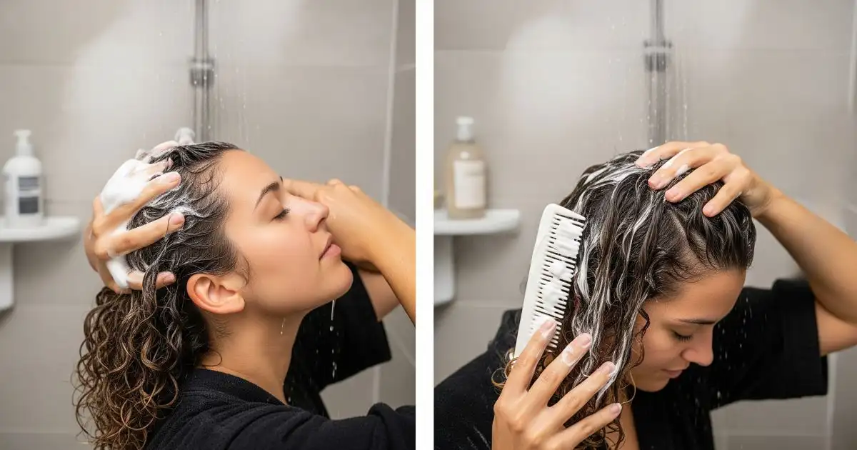 A two-panel image showing a person with curly hair in a shower. On the left, they are massaging shampoo into their scalp. On the right, they are using a wide-tooth comb to detangle their hair while applying conditioner. Steam and water are visible.