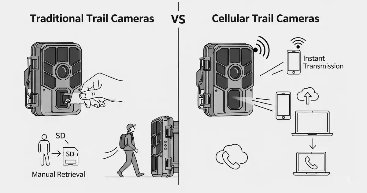 A comparison between a traditional trail camera and a cellular trail camera. The traditional camera requires a person to physically retrieve the SD card, while the cellular camera transmits photos and videos instantly to a phone or computer via a cellular network.