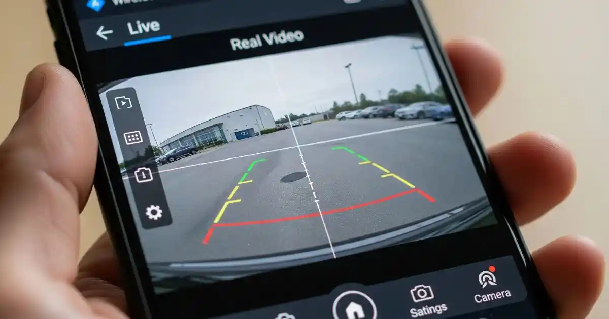 A close-up of a smartphone screen displaying a live video feed from a wireless backup camera. The app interface includes a large window with the real-time video and small icons for features like recording and settings.