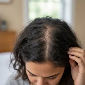 A close-up, top-down shot of a woman's scalp, showing significant hair thinning along the central part and receding hairline at the temples. The image visually represents the key symptoms of female pattern baldness.